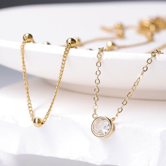 Women's Gold Necklace-14k Gold Plated Solitaire Cubic Zirconia Necklace - Picture 6 of 7